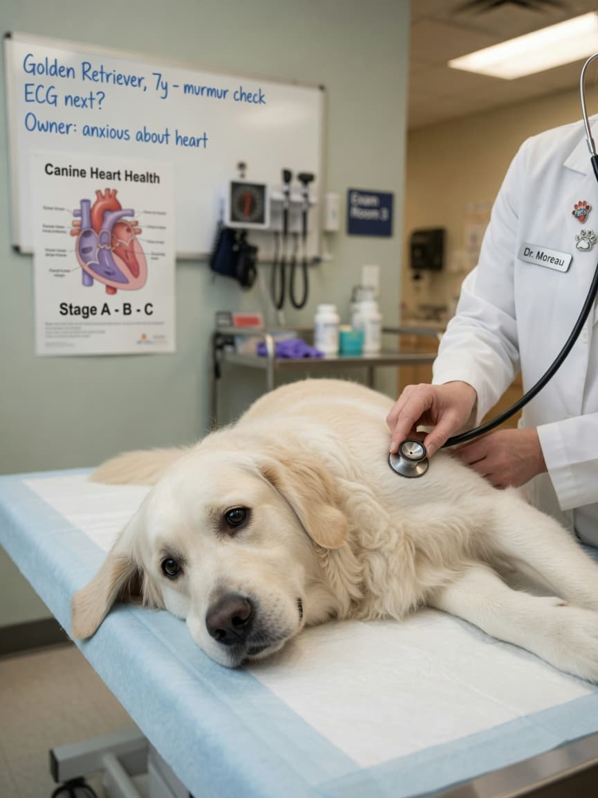 Veterinarian examining a Golden Retriever with stethoscope during cardiac evaluation