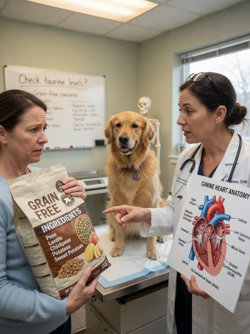Veterinarian discussing grain-free dog food concerns with worried pet owner in clinic
