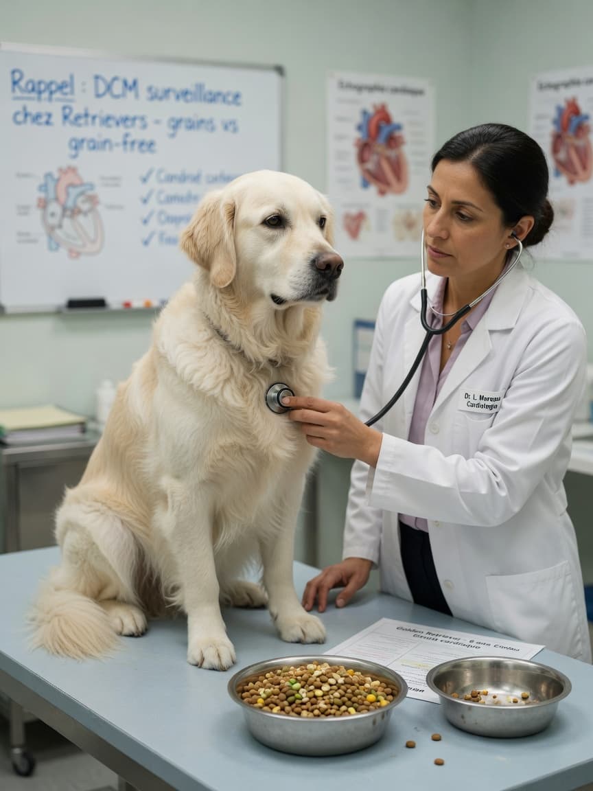 Golden Retriever undergoing heart health evaluation at a veterinary clinic with food bowls showing grain-inclusive and grain-free options