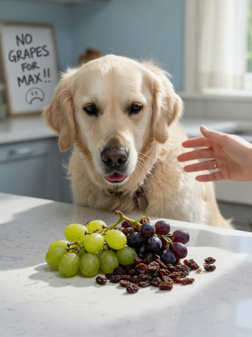 Golden retriever reaching toward grapes and raisins on kitchen counter with owner's protective hand nearby