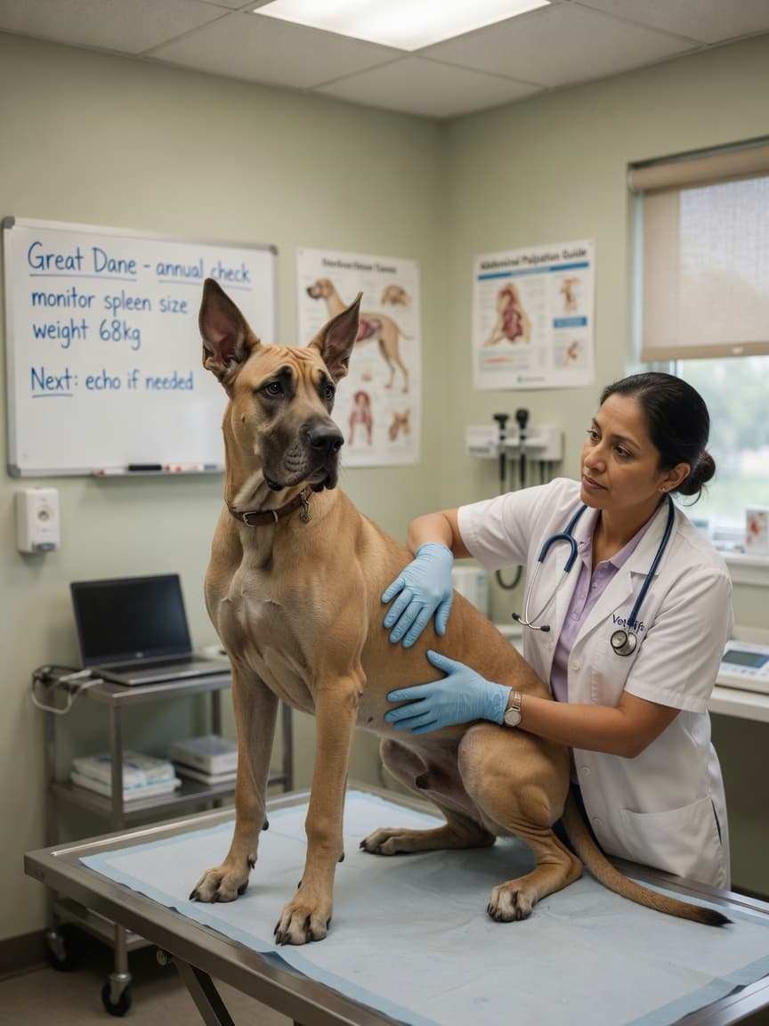 A healthy Great Dane being gently examined by a veterinarian in a clinical setting, conveying professional emergency care for bloat.