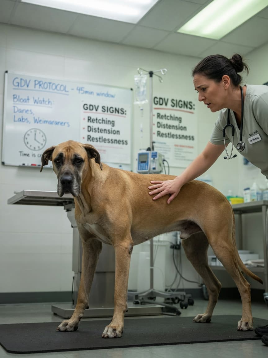 Great Dane experiencing bloat distress being examined by a veterinarian in an emergency clinic