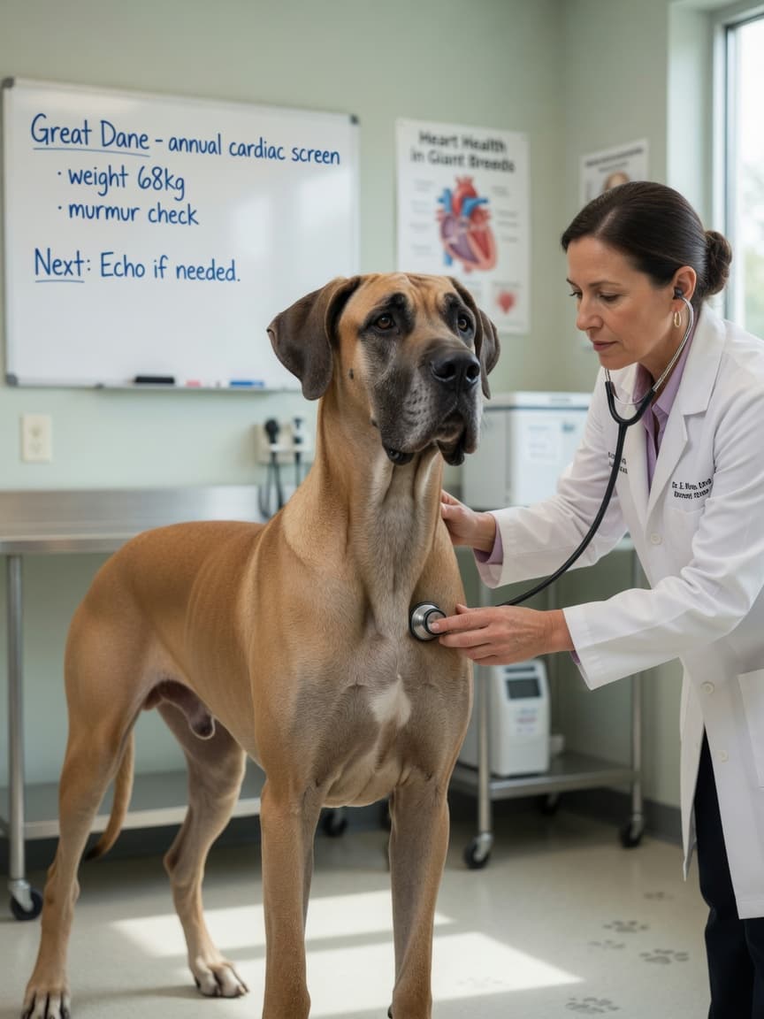 Great Dane undergoing cardiac examination with veterinarian