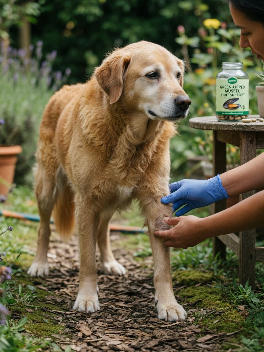 Veterinarian examining senior dog's knee joint for arthritis assessment during clinical examination