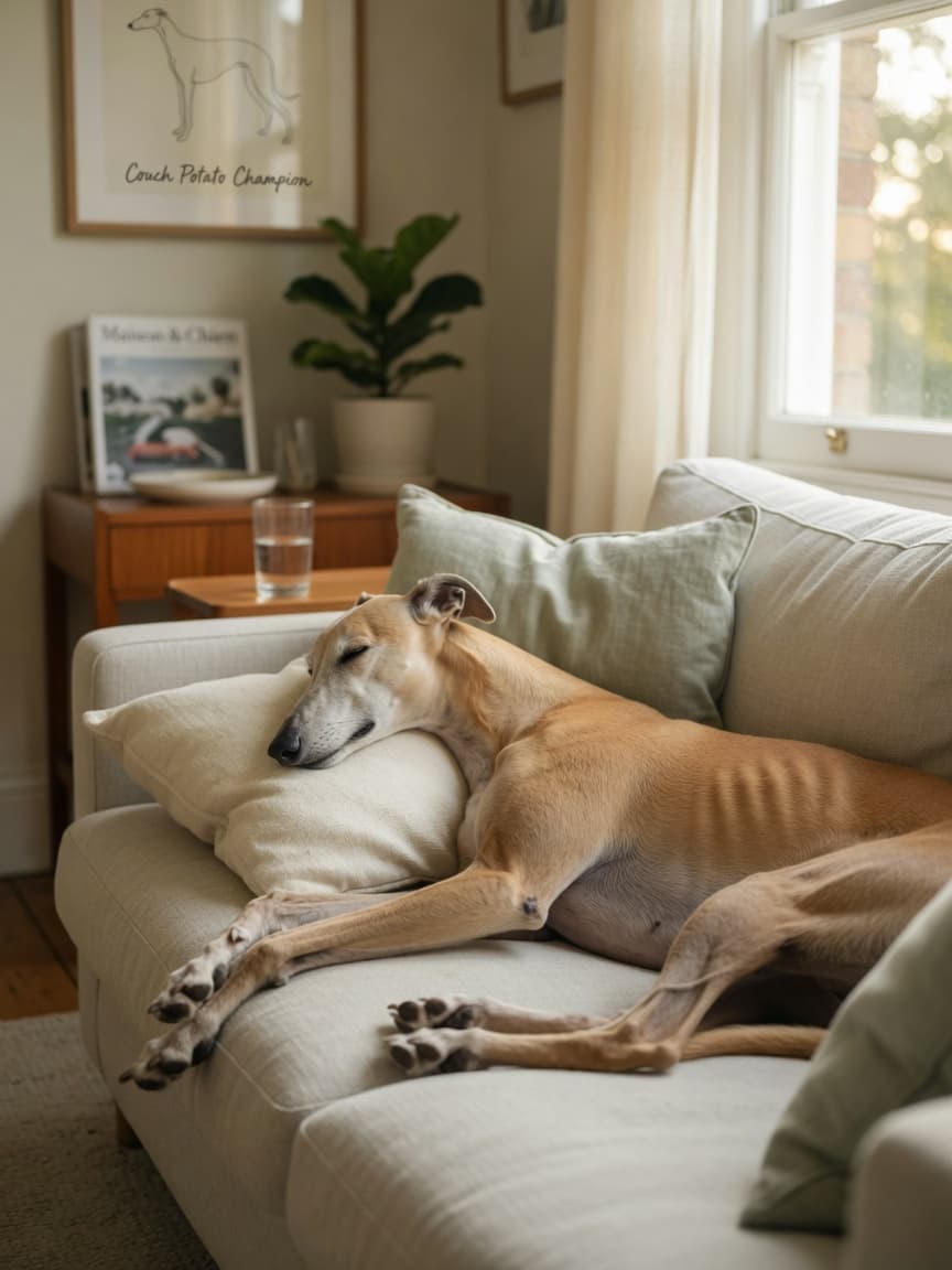 A fawn Greyhound resting peacefully on a living room sofa in natural daylight, representing the breed's calm, lazy nature at home