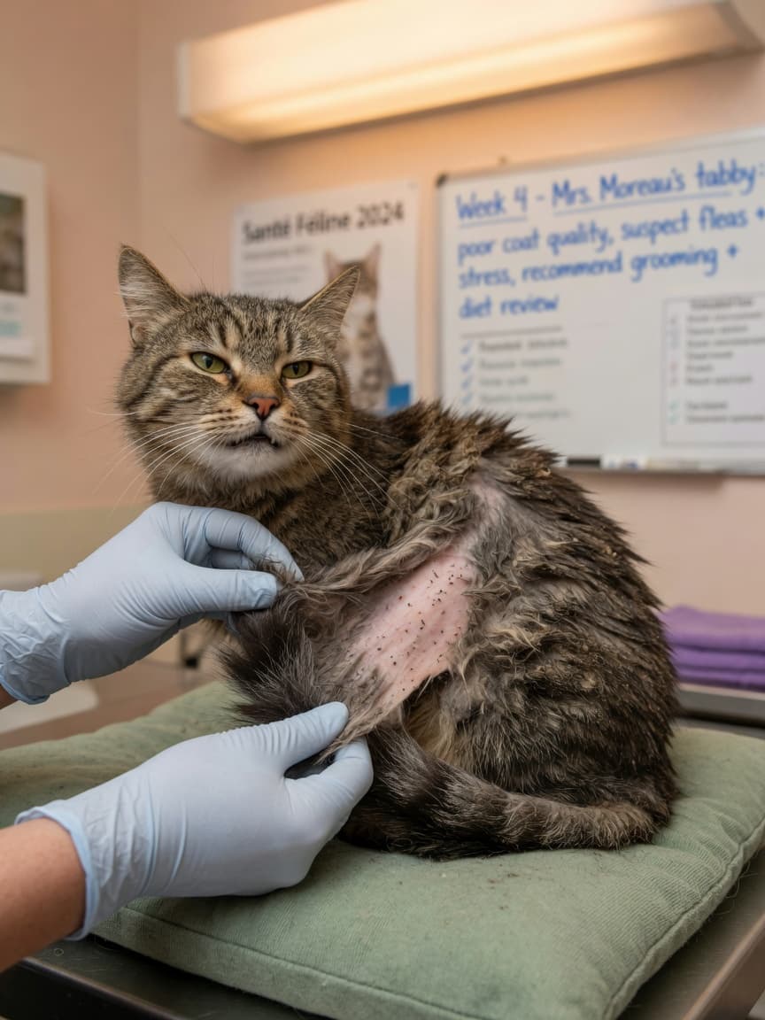 Veterinarian examining a cat's dull, matted coat during a health check