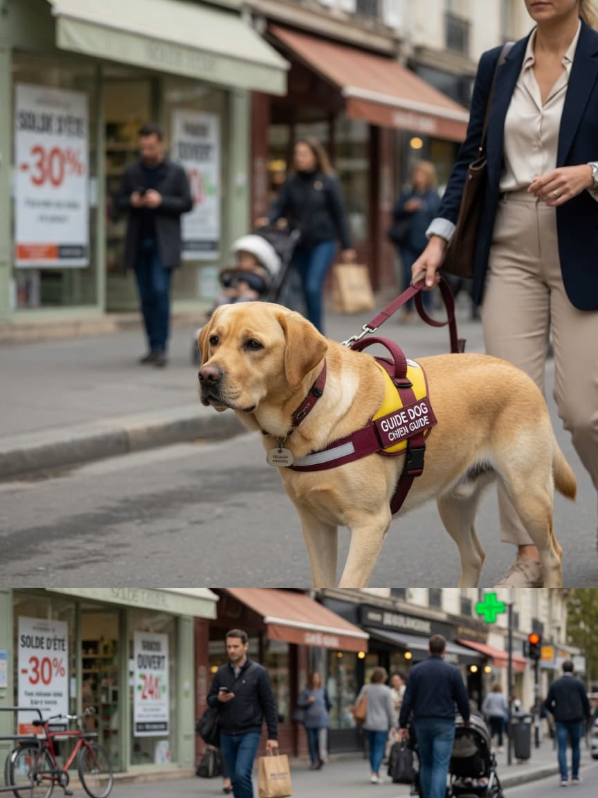 Yellow Labrador Retriever wearing guide dog harness walking confidently beside handler on busy urban street