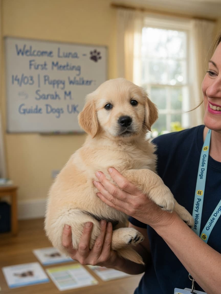 Young Golden Retriever puppy being introduced to puppy walker volunteer in home setting