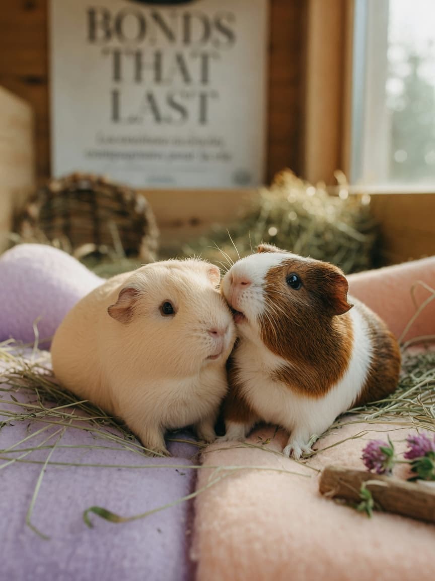 Two guinea pigs bonding together, nuzzling and grooming each other in their enclosure