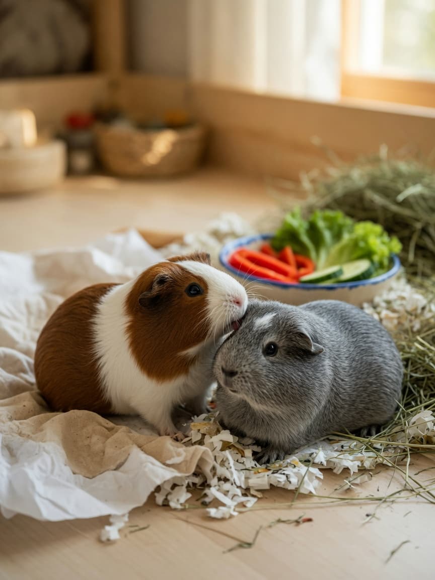 Two guinea pigs sitting together on bedding in a spacious enclosure with hay and fresh vegetables