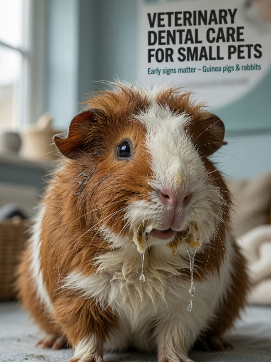 Guinea pig with visible drooling and wet chin showing signs of dental disease