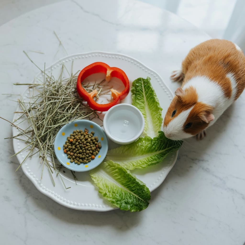 Guinea pig with timothy hay, fresh vegetables, and pellets on a ceramic plate