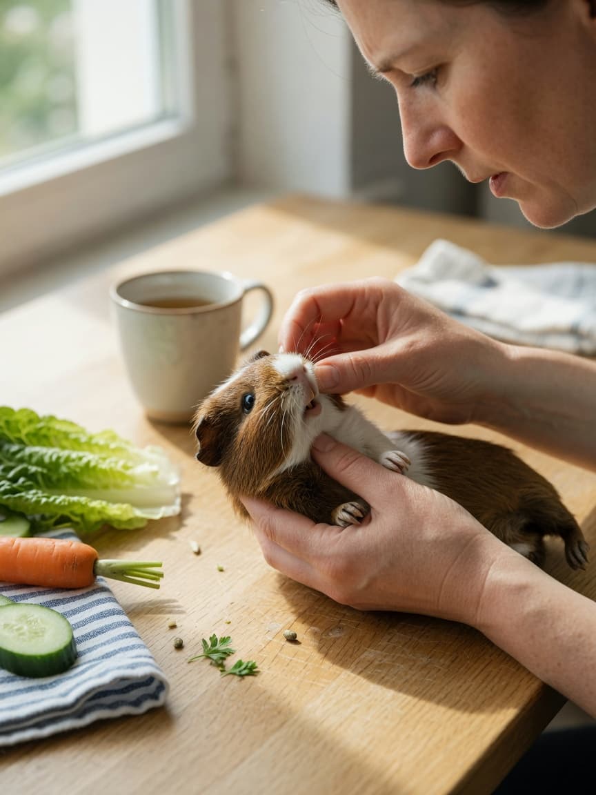 Guinea pig owner examining their pet's teeth during a home health check