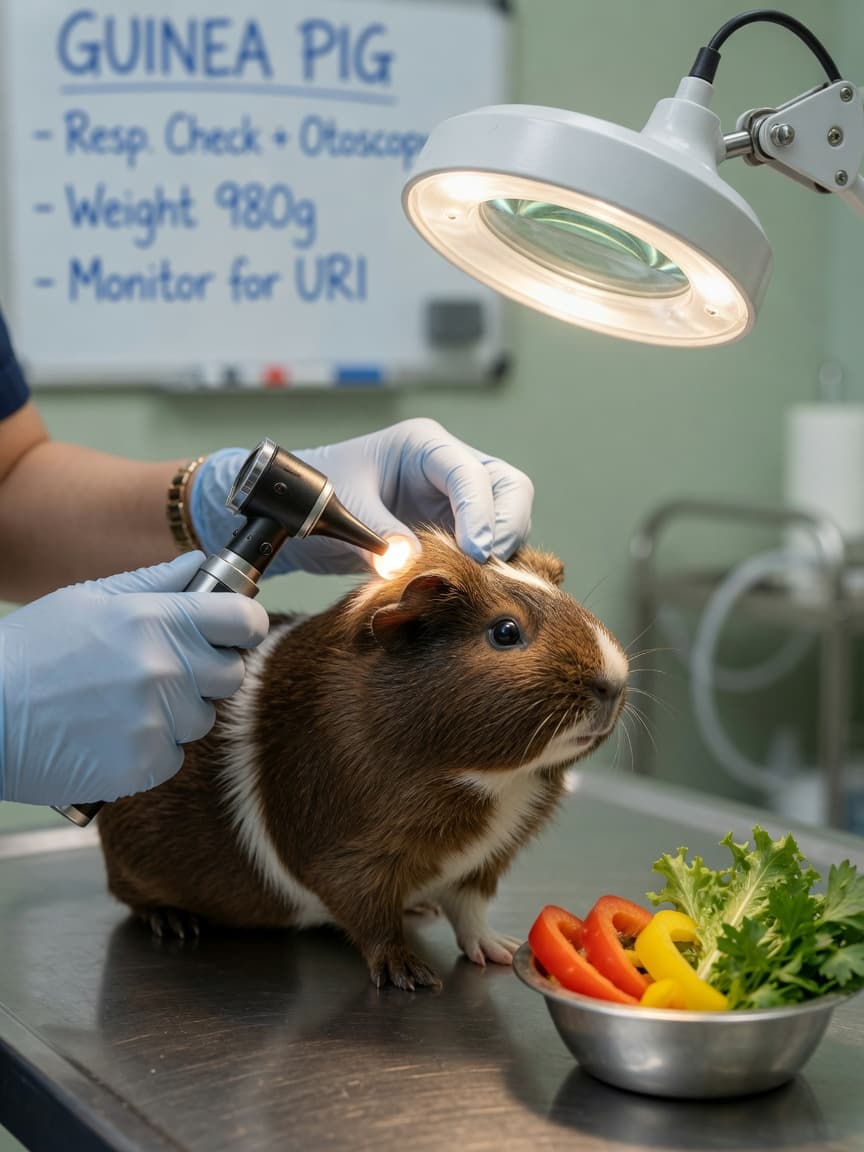 Veterinarian examining a guinea pig's ear and respiratory passages with diagnostic equipment on an examination table