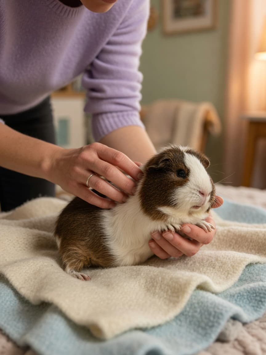 Guinea pig owner cradling a sick guinea pig showing signs of respiratory distress indoors
