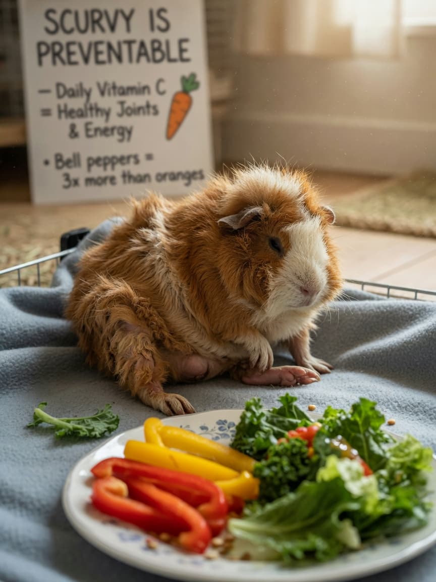 A lethargic guinea pig with rough coat and swollen joints sitting on bedding, with fresh vitamin C vegetables blurred in a dish nearby, illustrating scurvy symptoms and prevention through proper diet