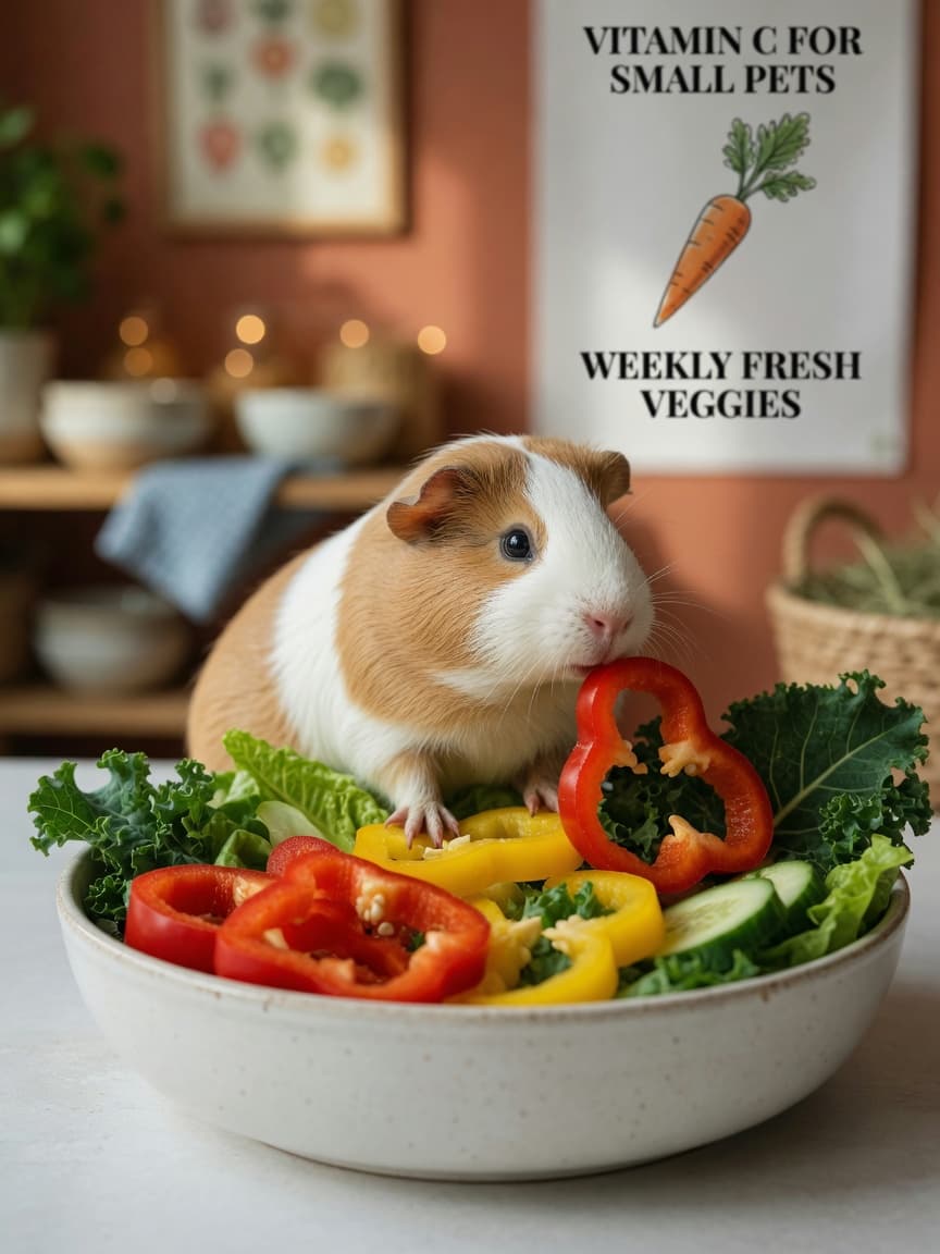 Guinea pig with fresh vitamin C-rich vegetables including red bell pepper and kale