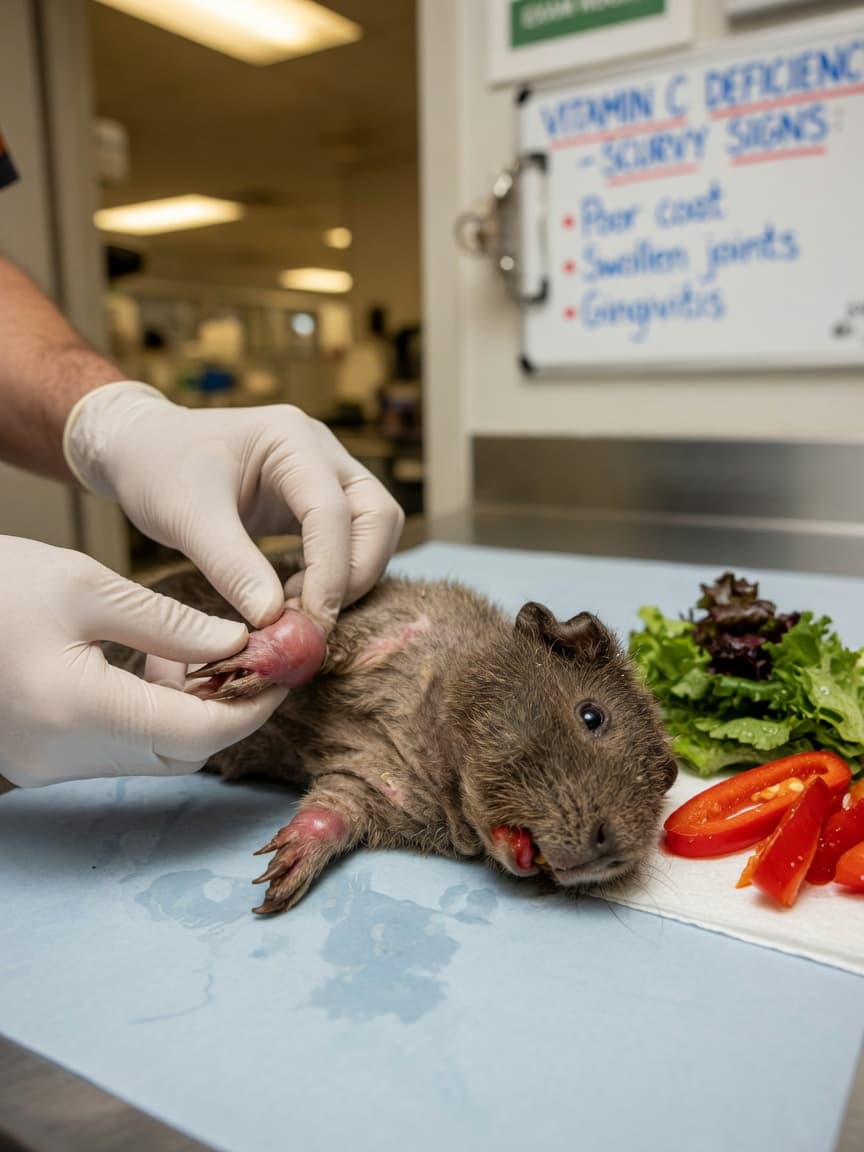 A guinea pig with a dull coat and swollen joints being examined by a veterinarian, with vitamin C-rich vegetables nearby on the examination table