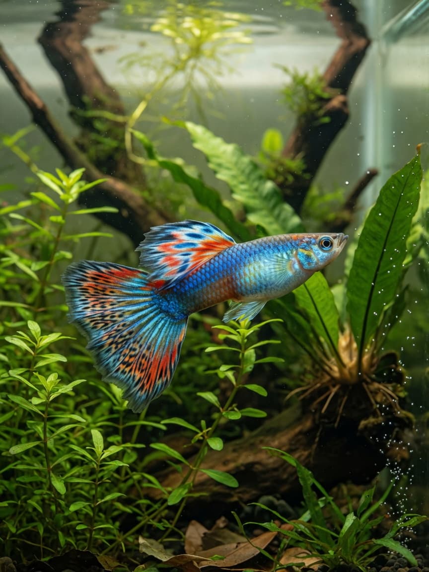 Male guppy with vibrant blue and red tail fins swimming through planted aquarium with clear water and natural lighting