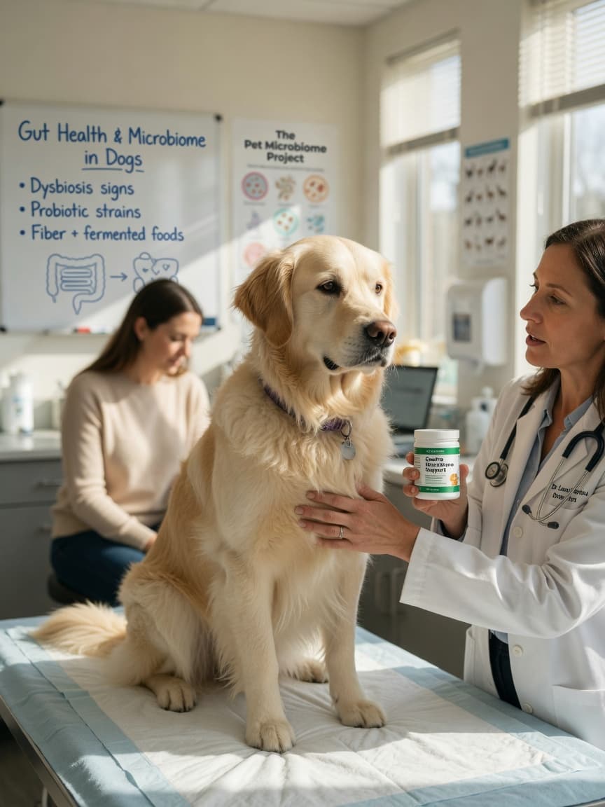 Veterinarian examining a golden retriever's abdomen while discussing probiotic supplementation for gut health