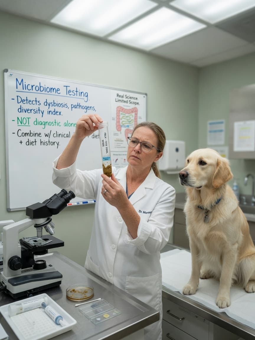 Veterinarian holding a stool sample collection tube during examination with a calm golden retriever on the exam table