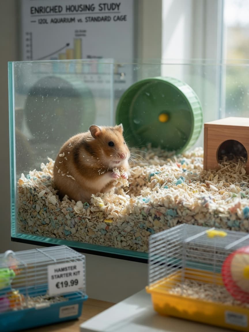 Syrian hamster burrowing in deep bedding inside a spacious glass aquarium tank, showing proper hamster care setup