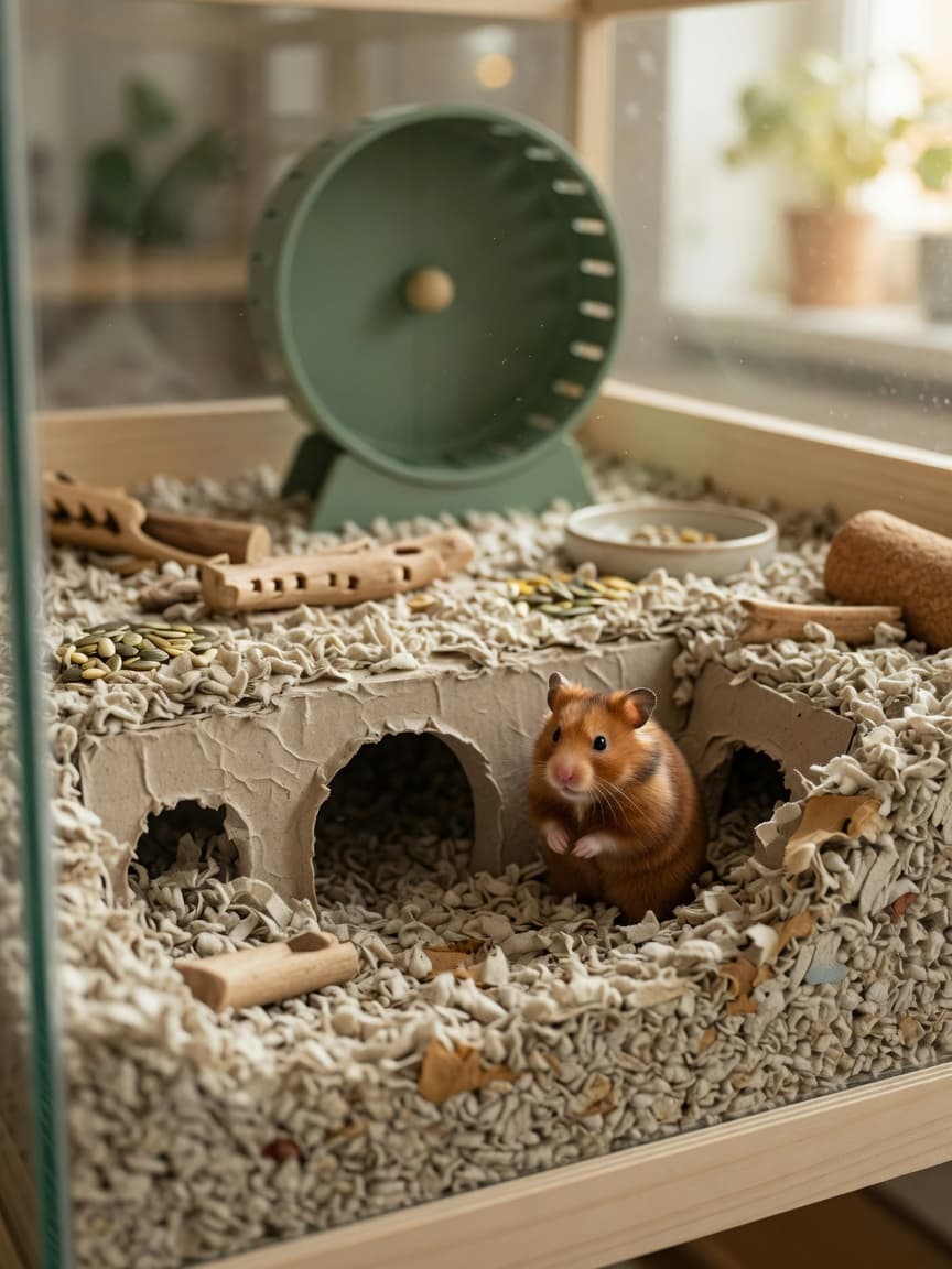 Golden Syrian hamster on deep bedding in spacious 2,500 cm² cage with burrowing system and large solid wheel