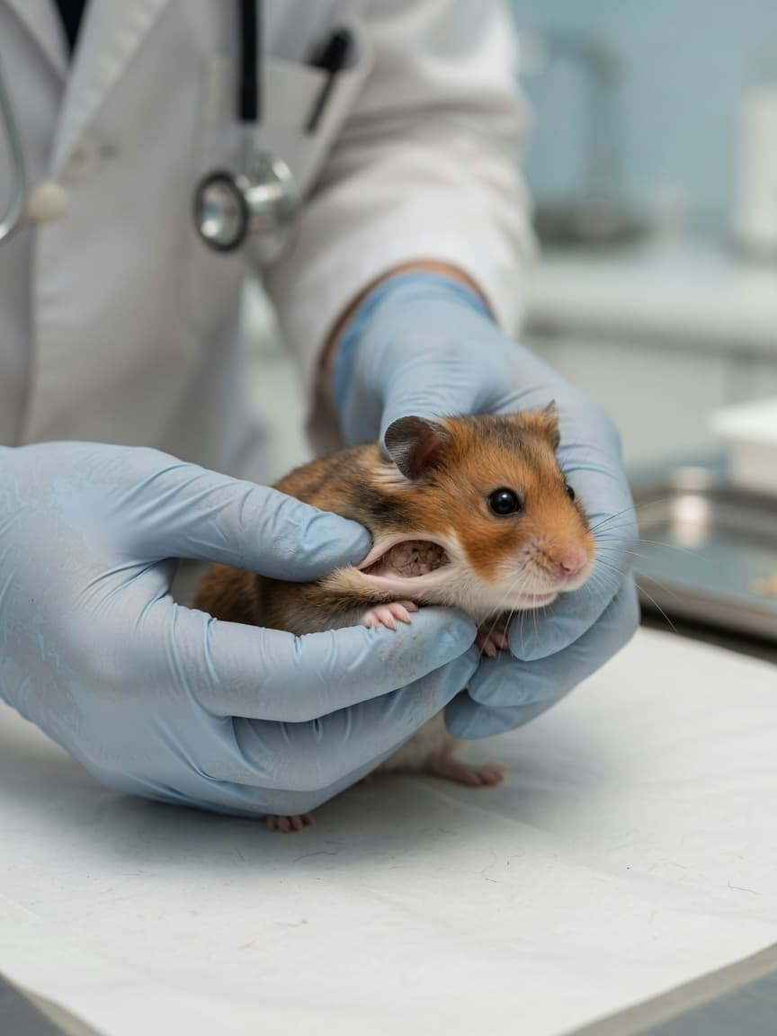 Exotic veterinarian examining a Syrian hamster's cheek pouches during a medical consultation
