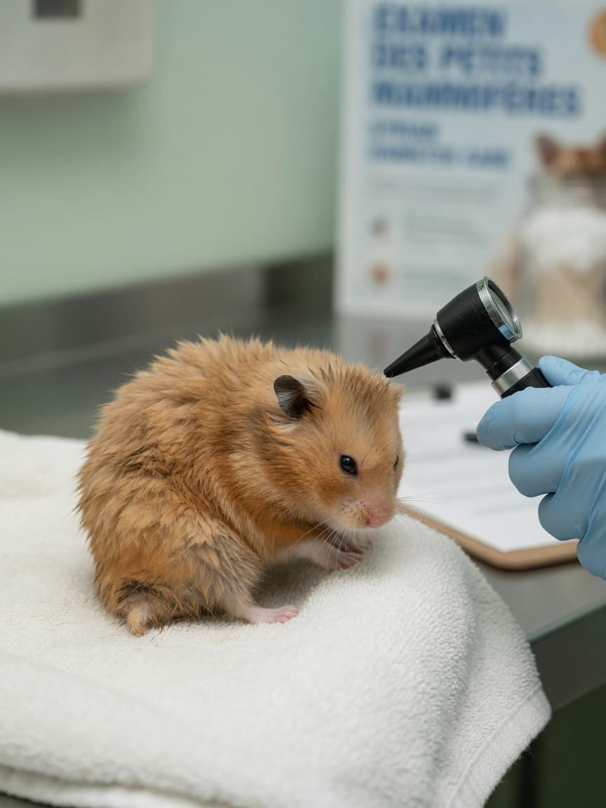 Syrian hamster being examined by veterinarian for signs of illness, showing hunched posture and ruffled coat