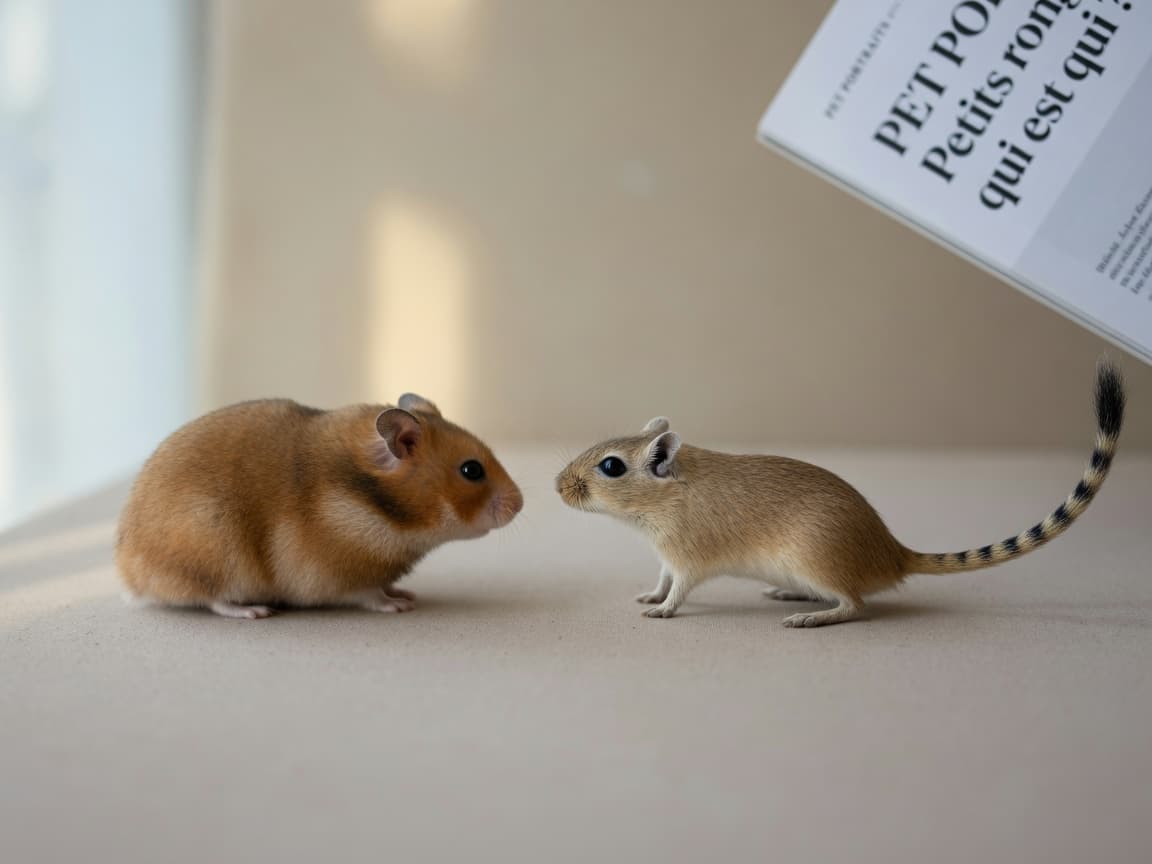 A golden-brown Syrian hamster and a tan Mongolian gerbil displayed side by side on a neutral surface, showing their distinct physical differences.
