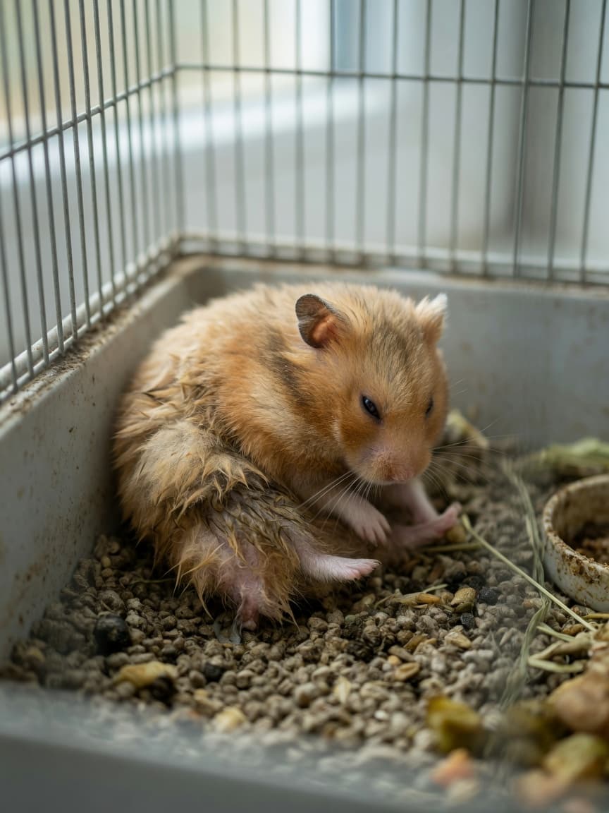 Young Syrian hamster with wet tail syndrome showing wet matted fur around hindquarters and hunched posture in cage