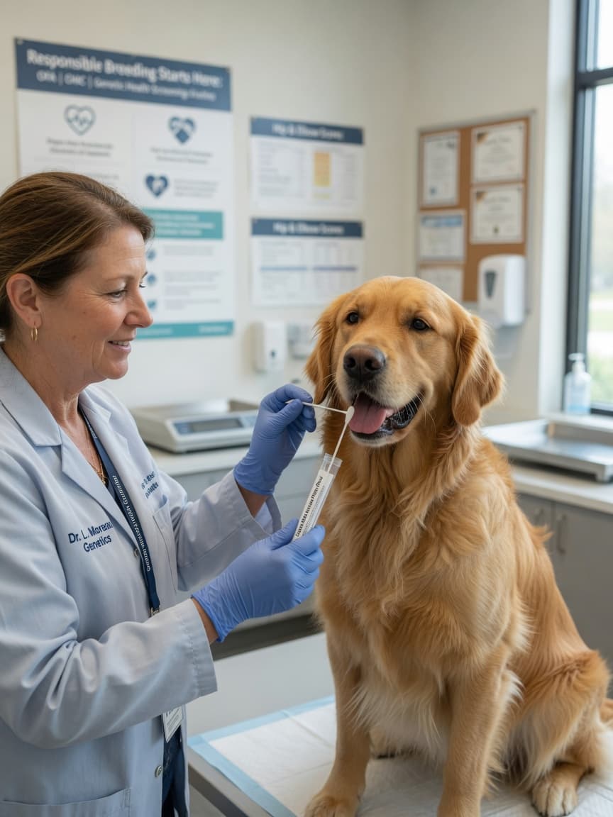 Veterinary professional collecting a DNA swab sample from a Golden Retriever's cheek in a veterinary clinic