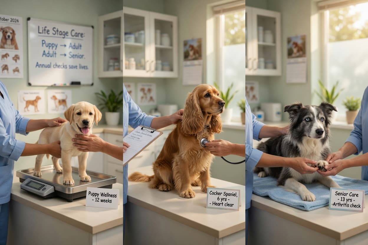Veterinarian examining dogs at different life stages during routine health checks