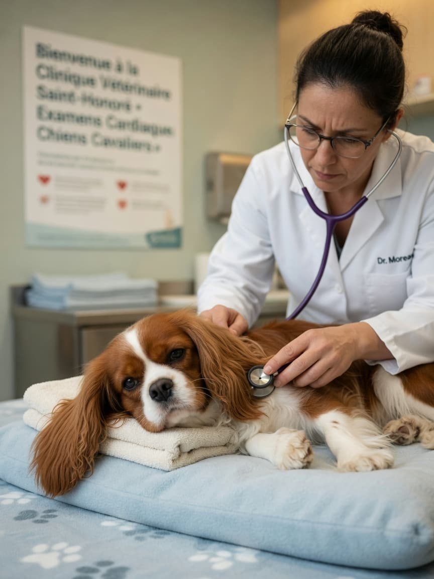 Veterinarian using stethoscope to examine heart of Cavalier King Charles Spaniel during cardiac assessment