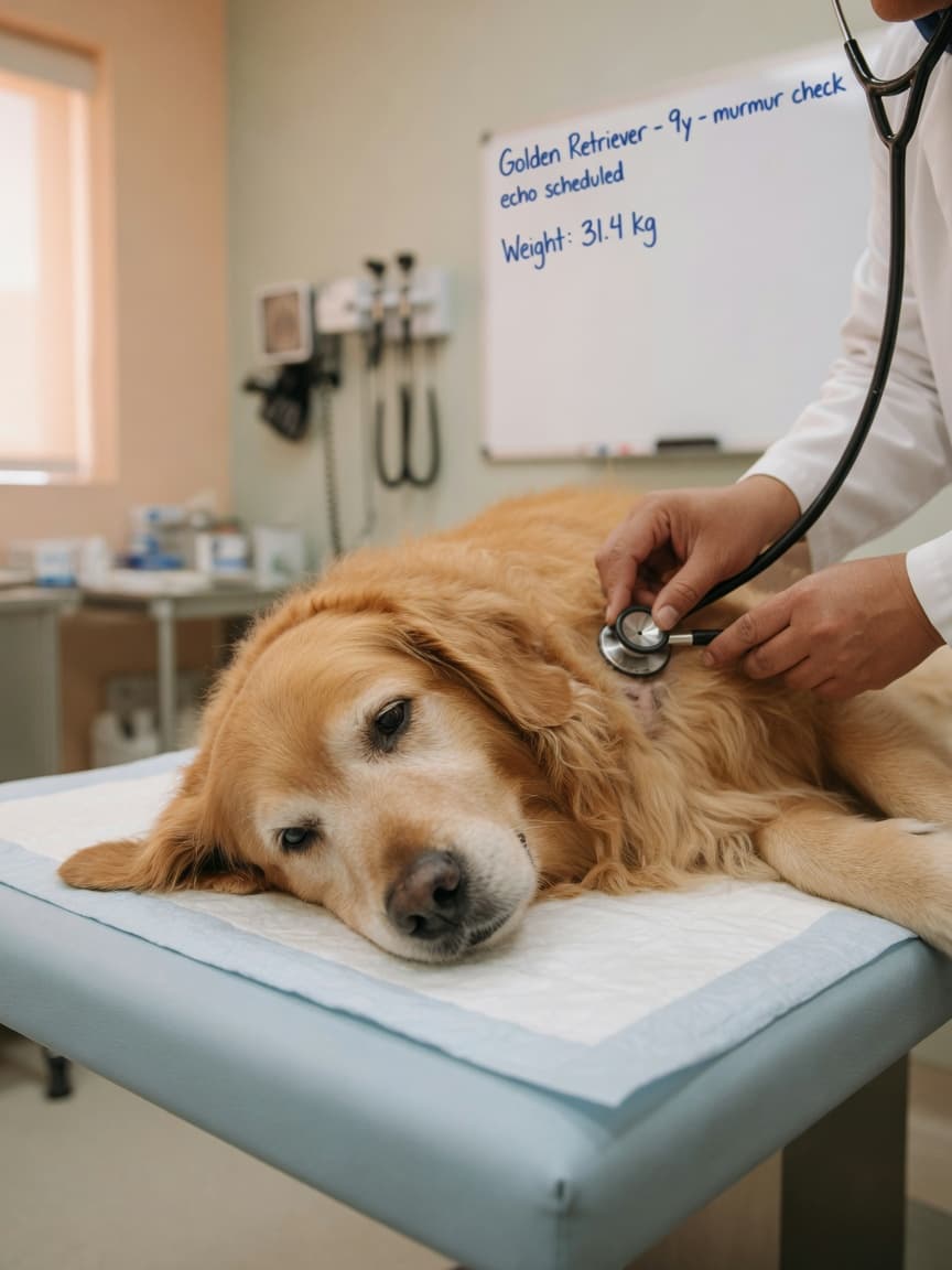 Veterinarian using stethoscope to examine a dog's heart during cardiac examination