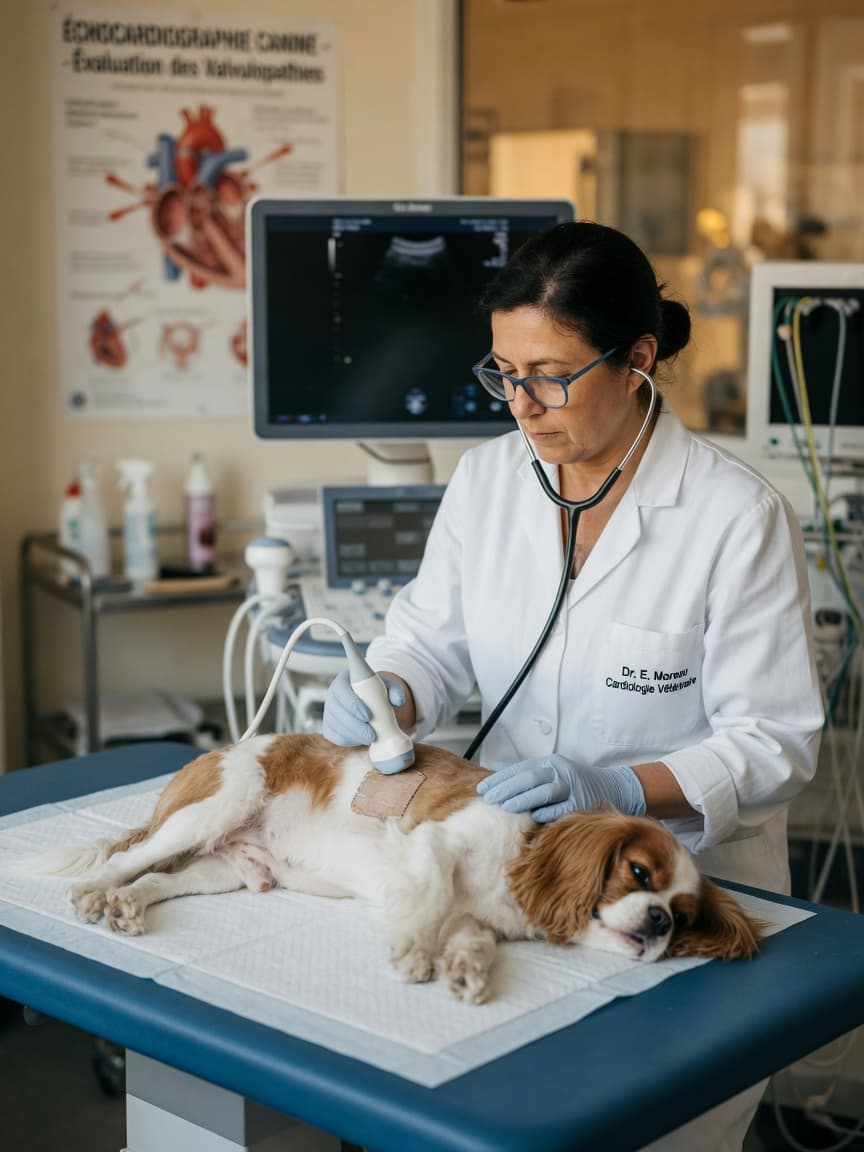 Veterinary cardiologist performing echocardiography on a small dog to detect and grade heart murmurs