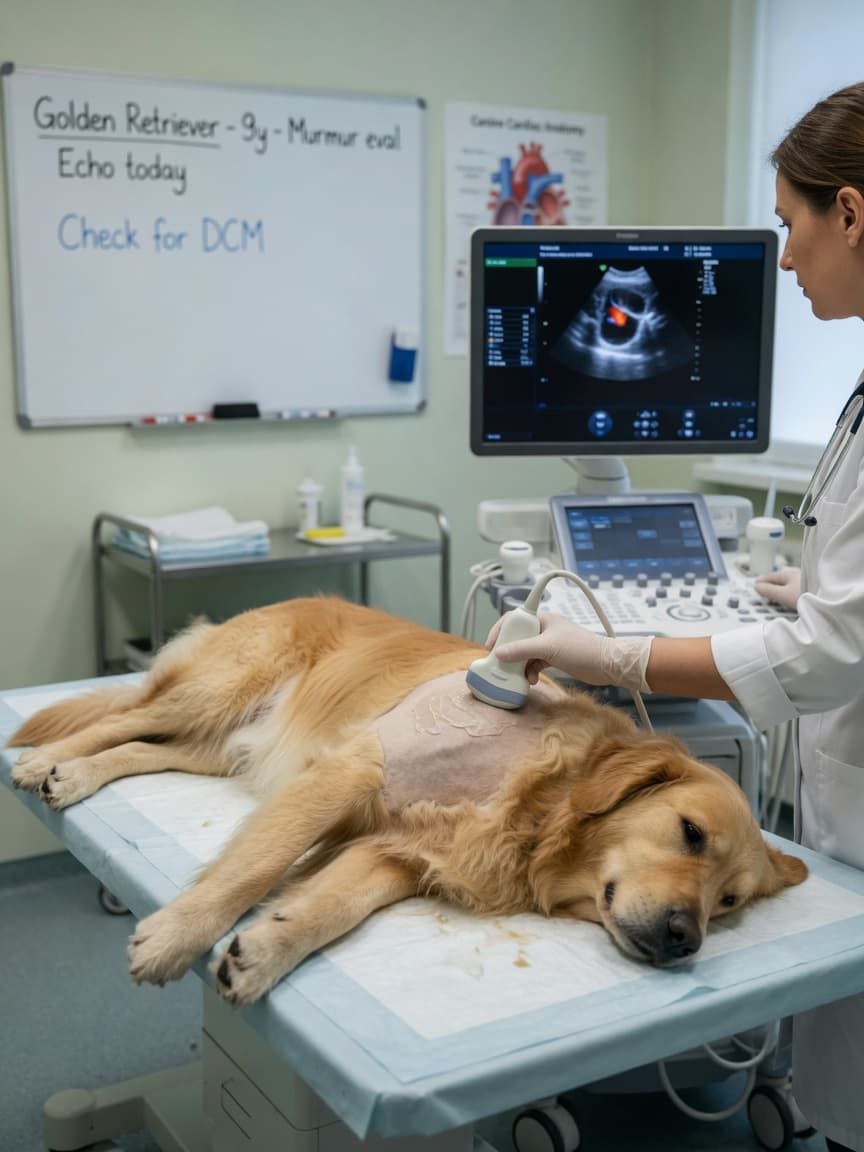 Veterinarian performing an ultrasound examination on a golden retriever's chest during cardiac diagnostic testing