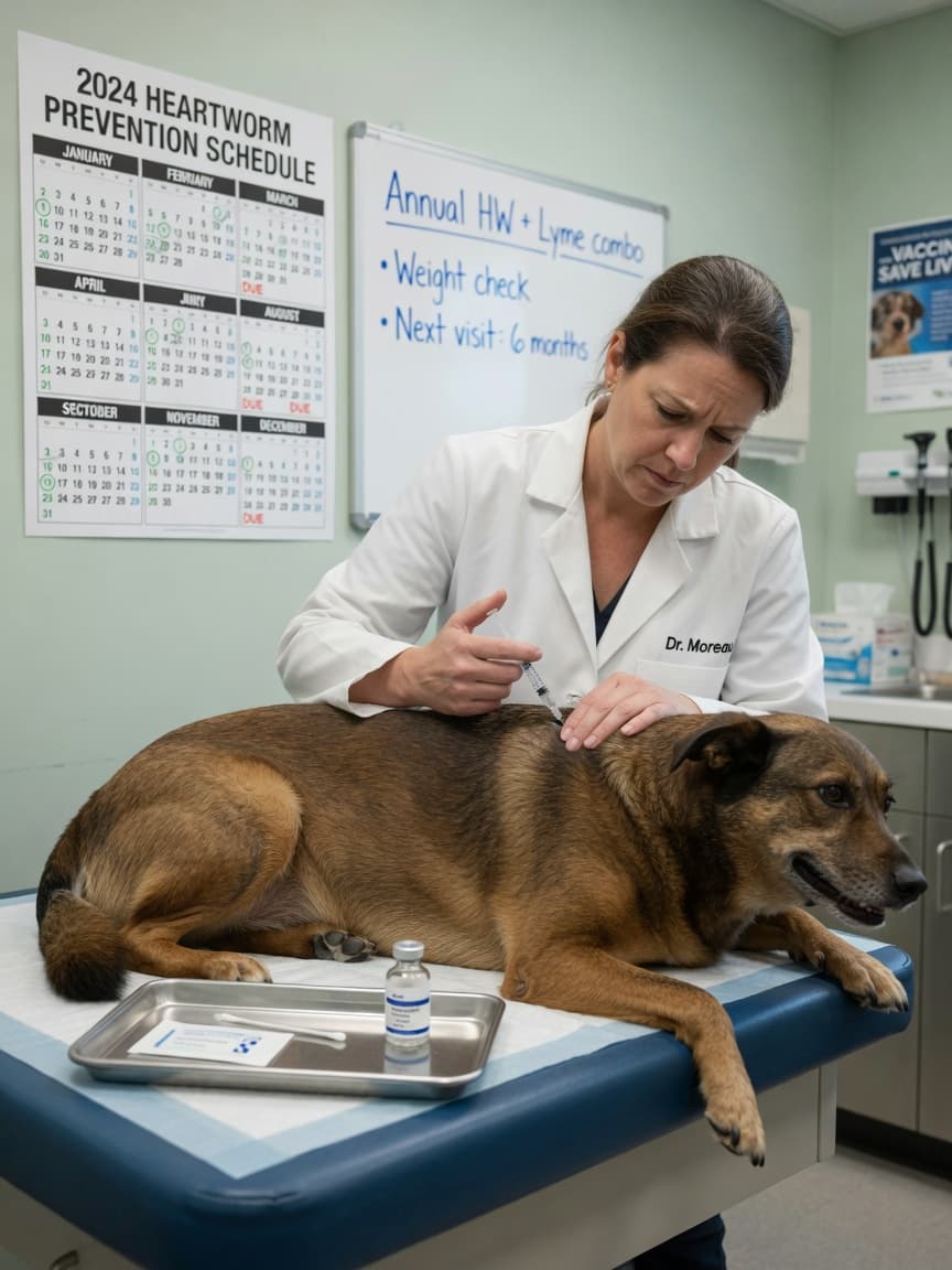 Veterinarian administering heartworm prevention injection to a dog on an exam table in a clinical setting