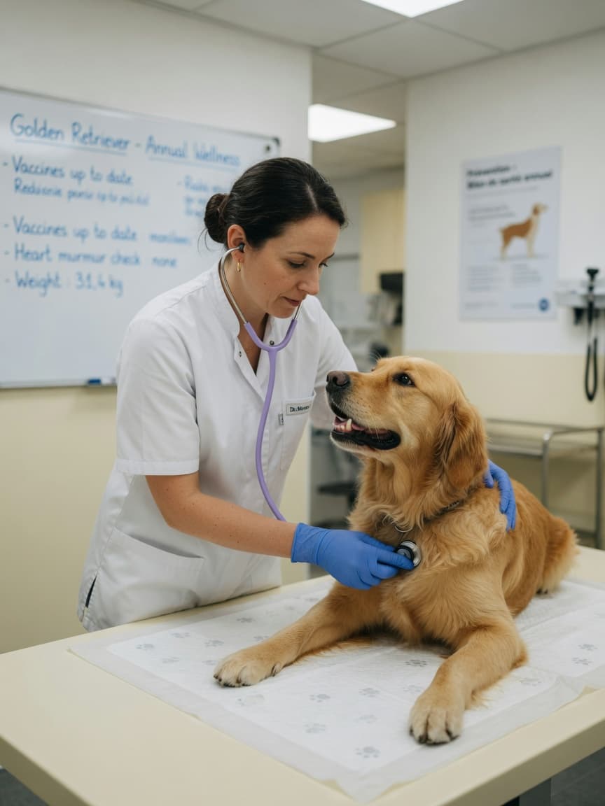 Veterinarian examining a golden retriever with a stethoscope during a preventive health examination in a modern clinic