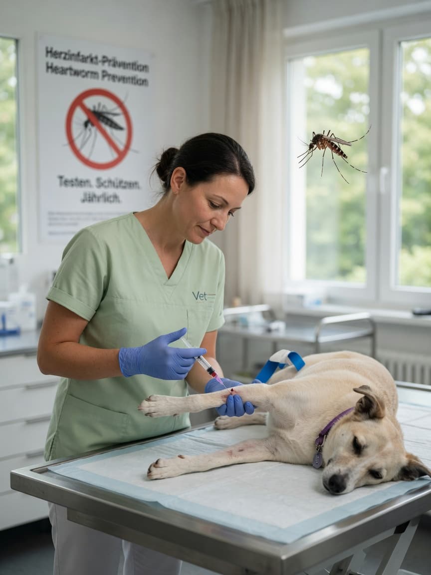Veterinarian performing a blood draw on a dog for heartworm testing, with a mosquito visible in the background