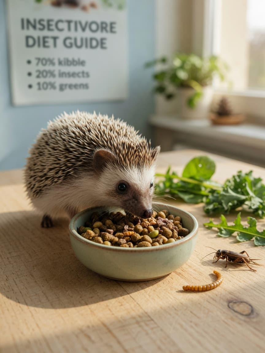 African pygmy hedgehog sniffing at a ceramic food bowl with kibble and insects on a wooden surface in natural home lighting