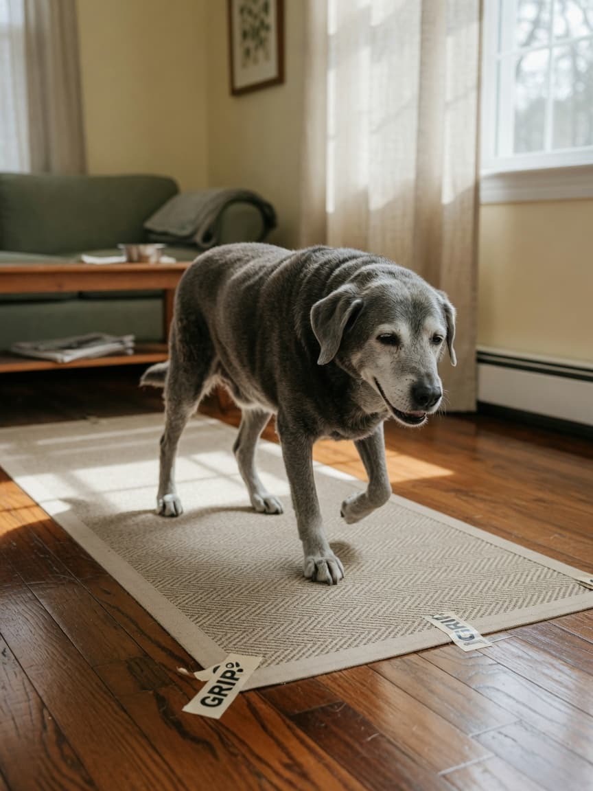 Senior dog walking on a non-slip runner mat placed on hardwood flooring, showing secure footing for mobility-impaired pets