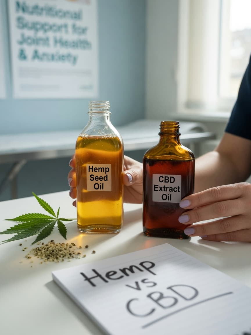 Two amber glass bottles of hemp seed oil and CBD oil displayed side by side with hemp leaves and seeds on a veterinary clinic desk