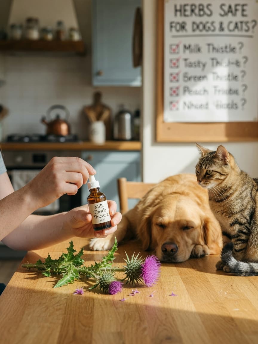 Pet owner examining herbal tincture bottle with golden retriever and tabby cat nearby on wooden table in natural light