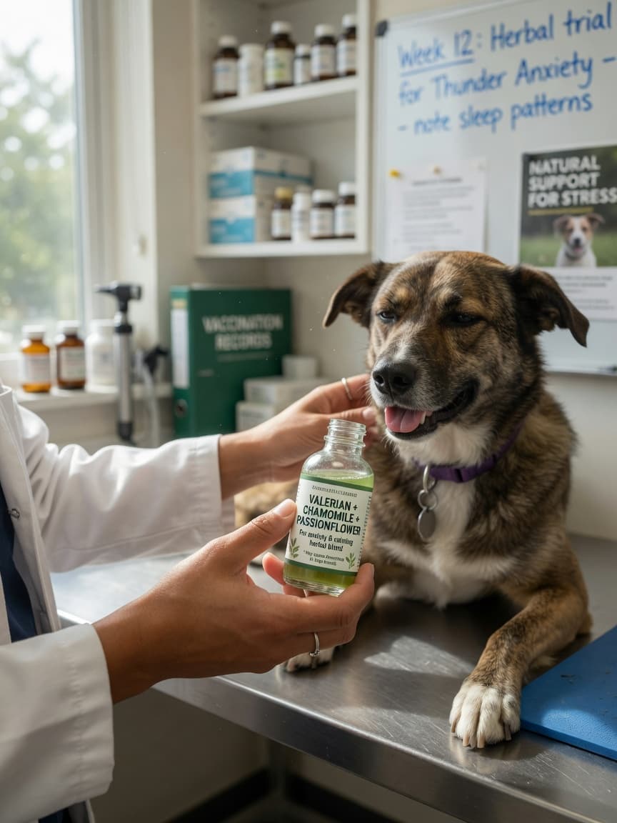 Veterinarian reviewing herbal supplement bottle with dog during consultation