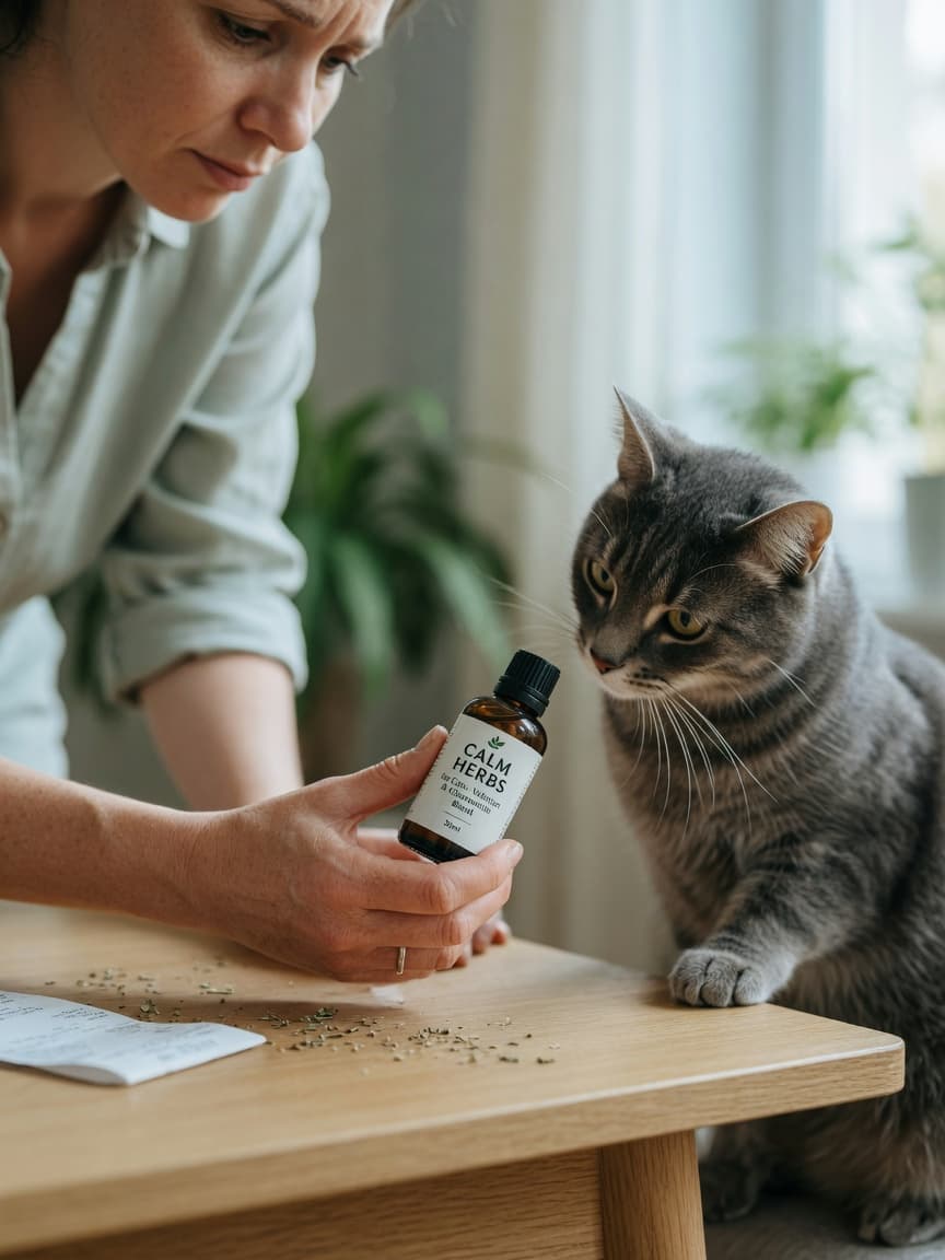 A cat owner's hand holding an herbal supplement bottle near a curious gray tabby cat on a table with natural window light