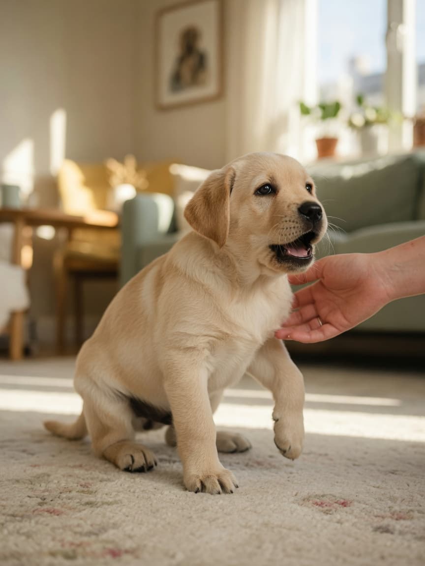 Golden Labrador puppy experiencing hiccups, owner's reassuring hand nearby