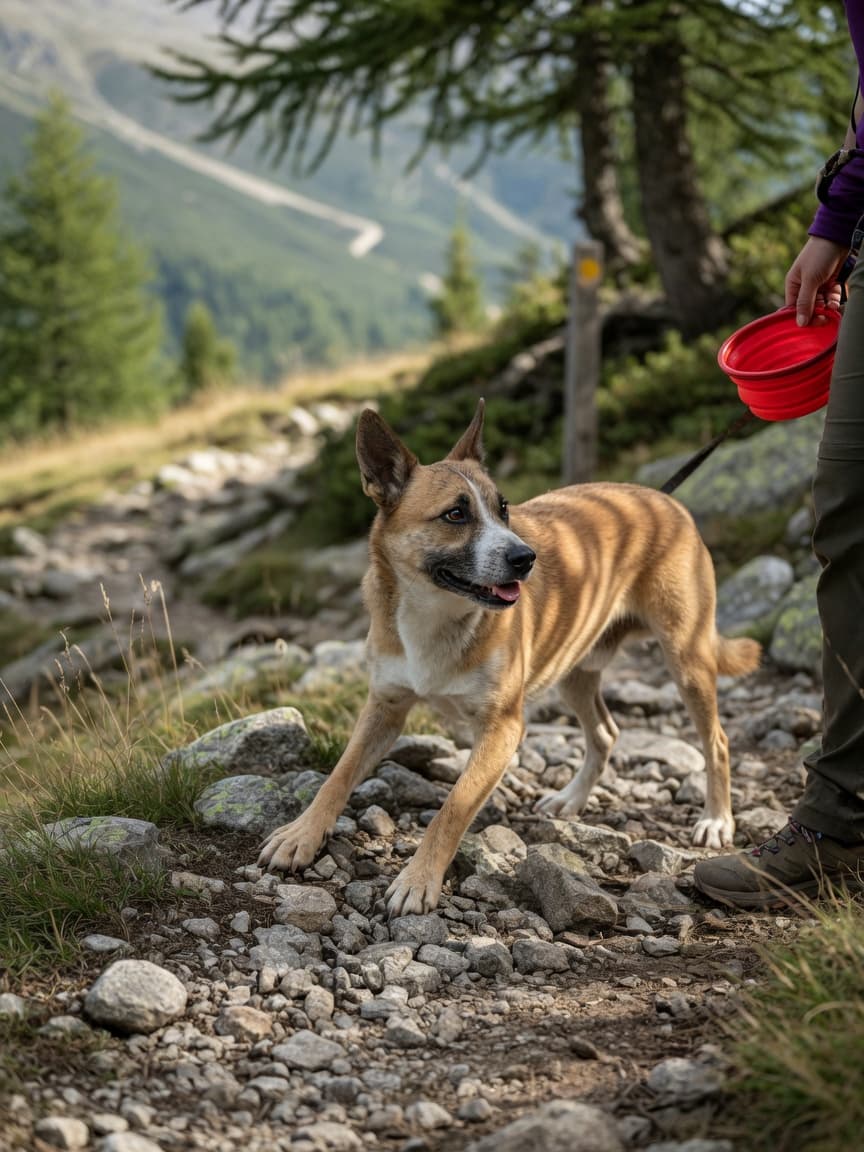 A dog hiking on a rocky mountain trail with its owner holding a water bowl