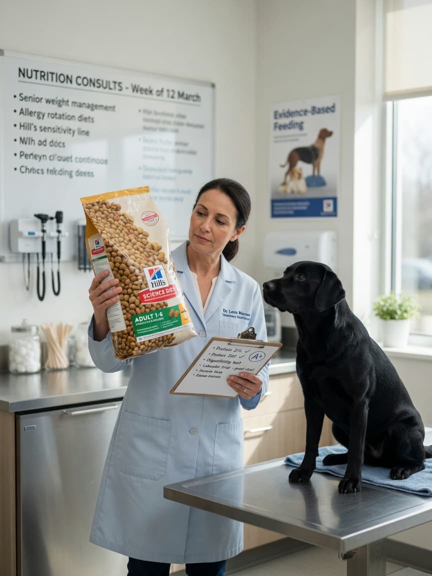 Animal nutritionist examining Hill's Science Diet dog food packaging in veterinary clinic with attentive Labrador Retriever