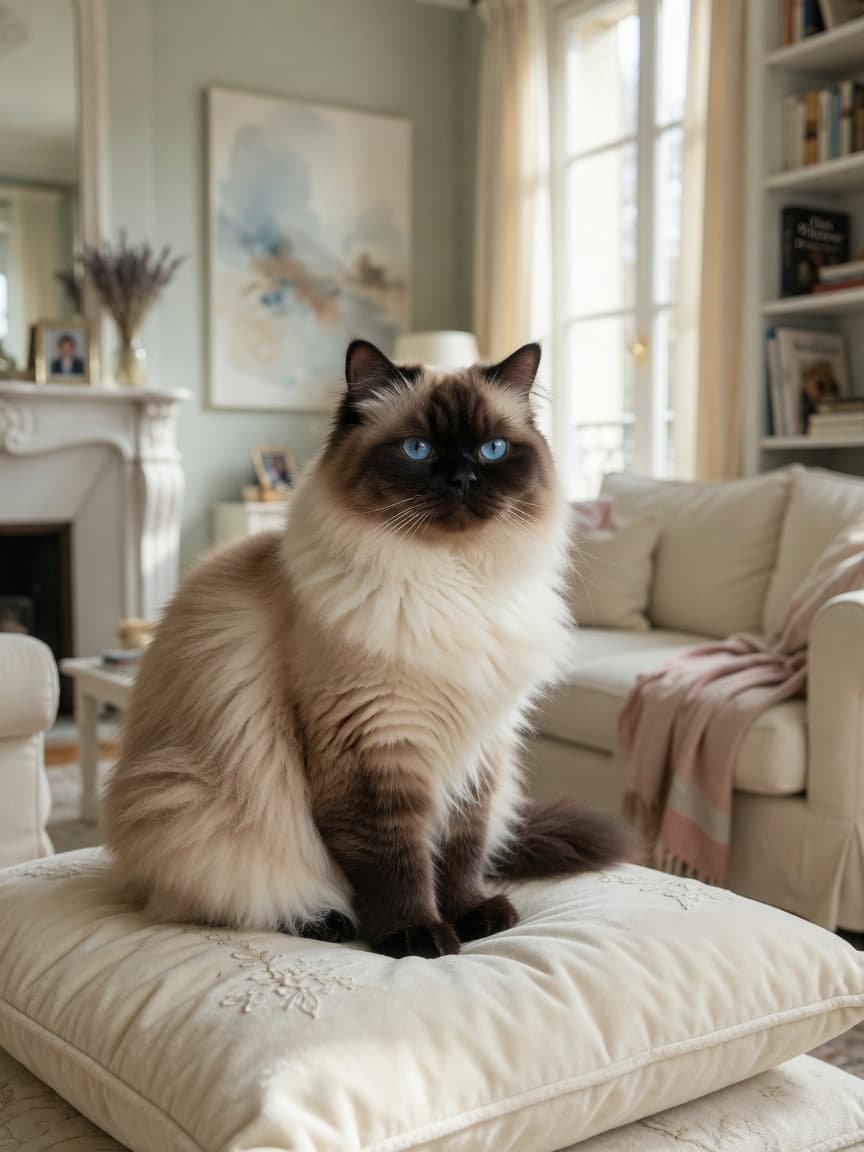A seal-point Himalayan cat with long flowing coat and bright blue eyes sitting on a cream cushion in sunlit indoor room